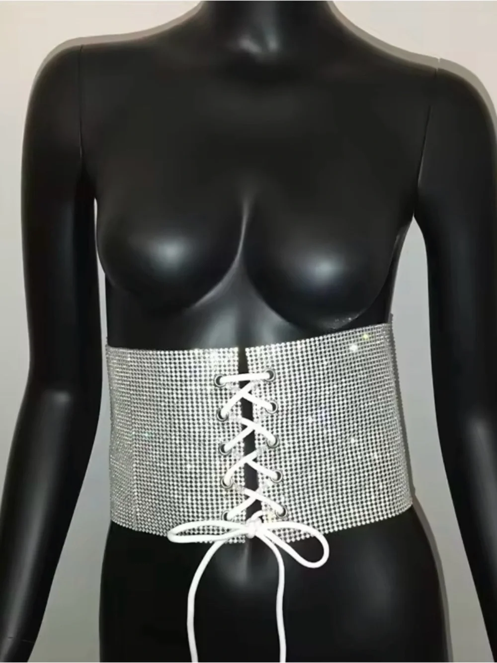 Silver Lace-Up Corset Belt with White Tie Lace